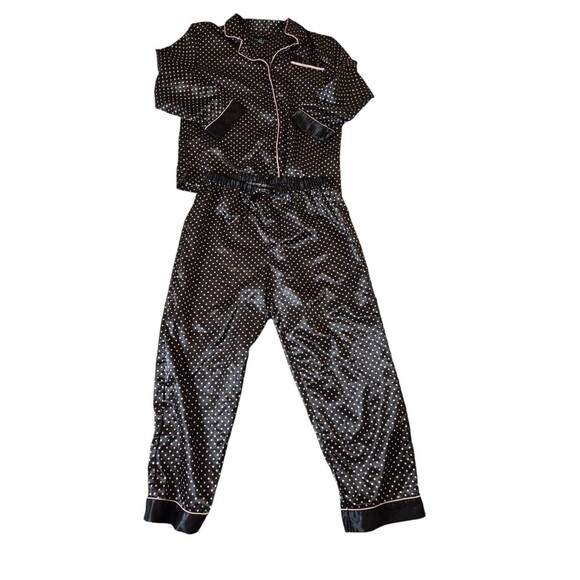 Robert Louis VTG Polka Dot Satin Pajama Set Button Down Black Pink Sz L - Picture 1 of 5